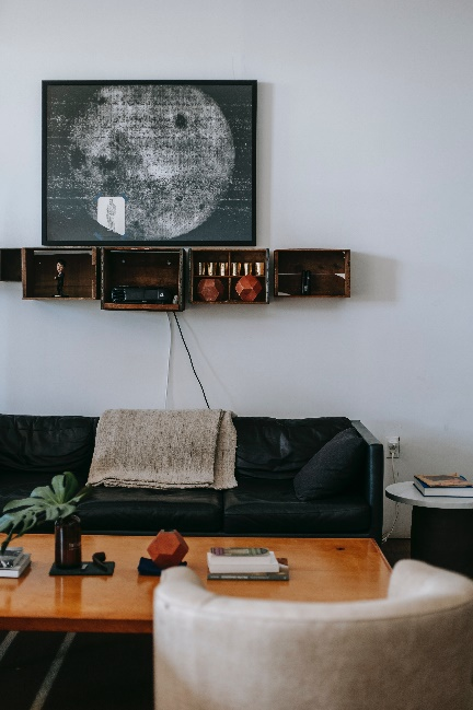 Behind couch table in a living room